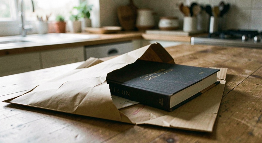 Een opengescheurde luchtkussenenvelop op een keukentafel met een gebonden boek dat er half uit schuift.